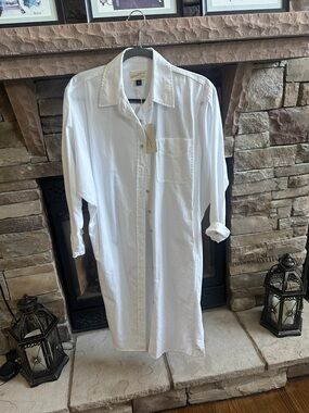 White womans Longline Button-Up Shirt, dress, cover-up.